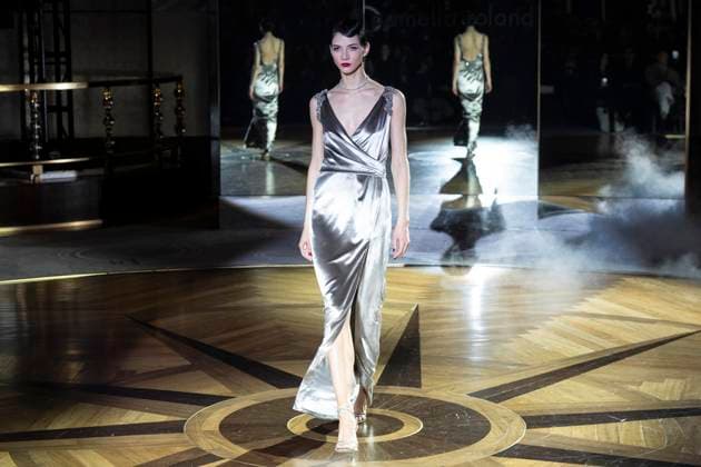 February 10, 2025, New York, New York, USA: A model walks runway for Pamella Roland runway show during New York Fashion Week Fall Winter 2025 at Rainbow Room at Rockefeller Center in New York on February 10, 2025 New York USA - ZUMAr339 20250210_znp_r339_042 Copyright: xLevxRadinx