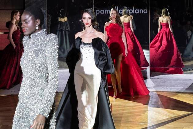 February 10, 2025, New York, New York, USA: Models walks runway for Pamella Roland runway show during New York Fashion Week Fall Winter 2025 at Rainbow Room at Rockefeller Center in New York on February 10, 2025 New York USA - ZUMAr339 20250210_znp_r339_134 Copyright: xLevxRadinx