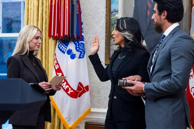 United States Attorney General Pam Bondi (L) administers the Oath of Office to Tulsi Gabbard, Director of National Intelligence (DNI) (C) in the Oval Office of the White House in Washington, DC, USA, 12 February 2025. Former Senate Minority Leader Mitch McConnell was the only Republican Senator to vote against her nomination. At right is her husband Abraham Williams. Copyright: xCNPx xMediaPunchx