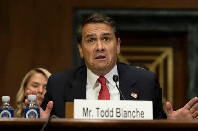 Todd Blanche and Abigail Slater Confirmation Hearing United States President Donald J Trump™s nominee to be US Deputy Attorney General, Todd Blanche appears at the US Senate Judiciary hearings on the nominations of Blanche and Gail Slater to be Assistant Attorney General for Antitrust in the Dirksen Senate Office Building on Capitol Hill in Washington, DC on Wednesday February 12, 2025. Credit: Mattie Neretin CNP AdMedia Washington District of Columbia United States of America EDITORIAL USE ONLY  Copyright: xx _DSC2966 CNP AdMediax admphotostwo917952