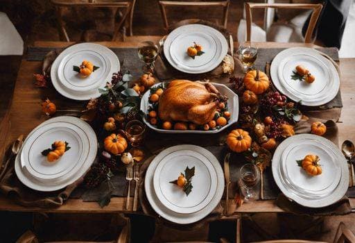 A festive Thanksgiving dinner table setting featuring an ornately decorated roasted turkey and a plate of juicy orange slices 21805380 RECORD DATE NOT STATED