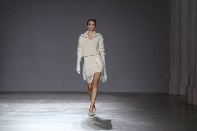 KYIV, UKRAINE - FEBRUARY 14, 2025 - A model walks the catwalk at the CHUPRINA fashion show during the Ukrainian Fashion Week FW25-26 at the Mystetskyi Arsenal National Art and Culture Museum Complex, Kyiv, capital of Ukraine. (Photo by Kirill Chubotin Ukrinform) CHUPRINA catwalk show at Ukrainian Fashion Week FW25-26  Copyright: xKirillxChubotinx