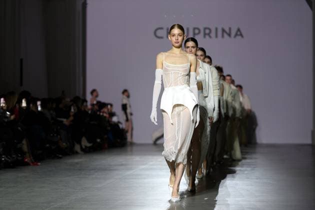 KYIV, UKRAINE - FEBRUARY 14, 2025 - Models walk the catwalk during the CHUPRINA fashion show at the Ukrainian Fashion Week FW25-26 at the Mystetskyi Arsenal National Art and Culture Museum Complex, Kyiv, capital of Ukraine. (Photo by Kirill Chubotin Ukrinform) CHUPRINA catwalk show at Ukrainian Fashion Week FW25-26  Copyright: xKirillxChubotinx