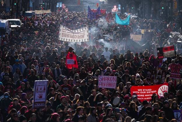 February 14, 2025, Vancouver, Bc, CANADA: Thousands of people participate in the annual Women s Memorial March, in Vancouver, on Friday, February 14, 2025. The march is held to honour missing and murdered Indigenous women and girls from the community with stops along the way to commemorate where women were last seen or found. Vancouver CANADA  - ZUMAc35_ 20250214_zaf_c35_096 Copyright: xDarrylxDyckx