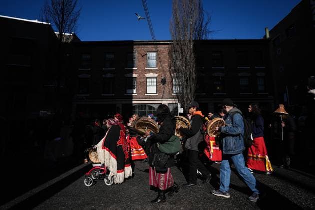 February 14, 2025, Vancouver, Bc, CANADA: People participate in the annual Women s Memorial March, in Vancouver, on Friday, February 14, 2025. The march is held to honour missing and murdered Indigenous women and girls from the community with stops along the way to commemorate where women were last seen or found. Vancouver CANADA  - ZUMAc35_ 20250214_zaf_c35_099 Copyright: xDarrylxDyckx
