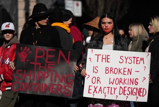 February 14, 2025, Vancouver, Bc, CANADA: Women hold signs while participating in the annual Women s Memorial March, in Vancouver, on Friday, February 14, 2025. The march is held to honour missing and murdered Indigenous women and girls from the community with stops along the way to commemorate where women were last seen or found. Vancouver CANADA  - ZUMAc35_ 20250214_zaf_c35_103 Copyright: xDarrylxDyckx