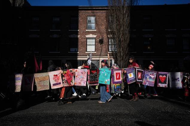 February 14, 2025, Vancouver, Bc, CANADA: People participate in the annual Women s Memorial March, in Vancouver, on Friday, February 14, 2025. The march is held to honour missing and murdered Indigenous women and girls from the community with stops along the way to commemorate where women were last seen or found. Vancouver CANADA  - ZUMAc35_ 20250214_zaf_c35_098 Copyright: xDarrylxDyckx