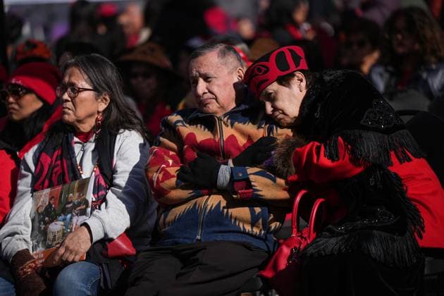 February 14, 2025, Vancouver, Bc, CANADA: Joan Phillip, right, B.C. Parliamentary Secretary for Community Development and Non-Profits, rests her head on the shoulder of her husband, Grand Chief Stewart Phillip, while listening to speeches before the annual Women s Memorial March, in Vancouver, on Friday, February 14, 2025. The march is held to honour missing and murdered Indigenous women and girls from the community with stops along the way to commemorate where women were last seen or found. Vancouver CANADA - ZUMAc35_ 20250214_zaf_c35_116 Copyright: xDarrylxDyckx