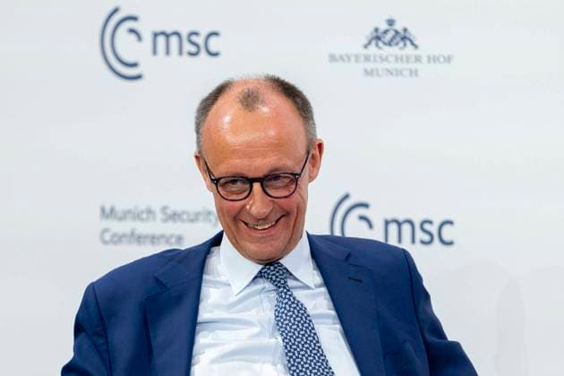 News Bilder des Tages FRIEDRICH MERZ, Chairman, Christian Democratic Union (CDU) laughing after accidentally being introduced as chancellor one week ahead of the German elections at the 61st Munich Security Conference (MSC) at the Hotel Bayerischer Hof. Munich Bavaria Germany