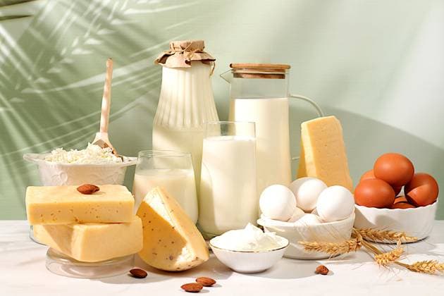 Assortment of fresh dairy products, milk, cottage cheese, cheeses, eggs and sour cream on the kitchen table, the concept of natural nutrition, maintaining healthy intestinal microflora, dietary nutrition. Assortment of fresh dairy products, milk, cottage cheese, cheeses, eggs and sour cream on the kitchen table, the concept of natural nutrition, maintaining healthy intestinal microflora, dietary nutrition. Copyright: xZoonar.com SvetlanaxBalynx 22856483