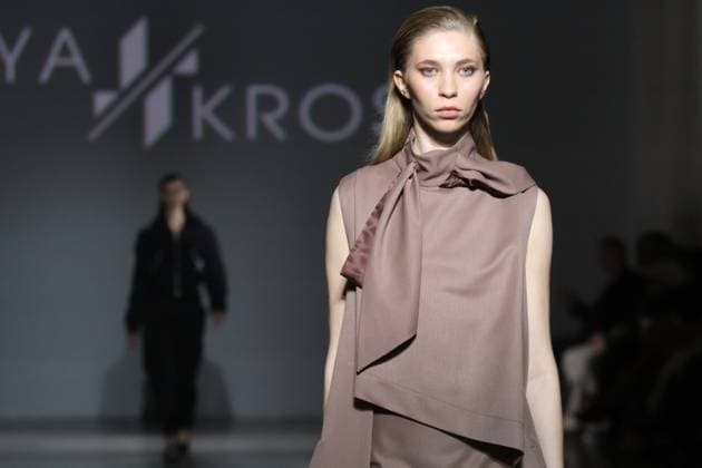 KYIV, UKRAINE - FEBRUARY 15, 2025 - A model walks the catwalk during the fashion show by the Juliya Kros brand as part of Ukrainian Fashion Week FW25-26 at the Mystetskyi Arsenal National Cultural, Art and Museum Complex, Kyiv, capital of Ukraine Juliya Kros fashion show at UFW in Kyiv  Copyright: xPavloxBahmutx