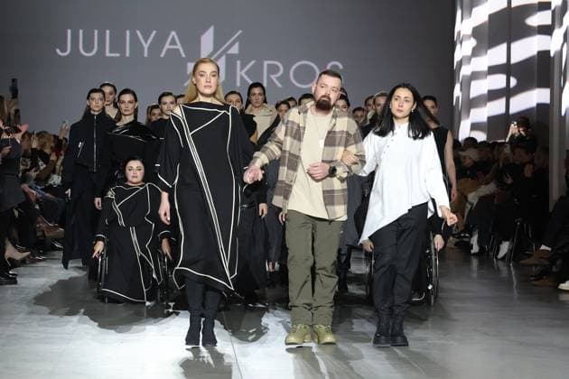 KYIV, UKRAINE - FEBRUARY 15, 2025 - Ukrainian designer Yuliia Perekriostova (R) is seen on the catwalk with models at the end of the fashion show of her brand Juliya Kros at Ukrainian Fashion Week FW25-26 at the Mystetskyi Arsenal National Cultural, Art and Museum Complex, Kyiv, capital of Ukraine Juliya Kros fashion show at UFW in Kyiv  Copyright: xPavloxBahmutx
