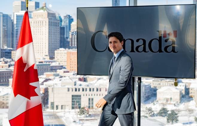 February 19, 2025, Montreal, Pq, CANADA: Prime Minister Justin Trudeau arrives to announce a new high-speed rail network in the Toronto-Quebec City corridor, in Montreal on Wednesday, Feb.19, 2025. Montreal CANADA  - ZUMAc35_ 20250219_zaf_c35_001 Copyright: xChristinnexMuschix