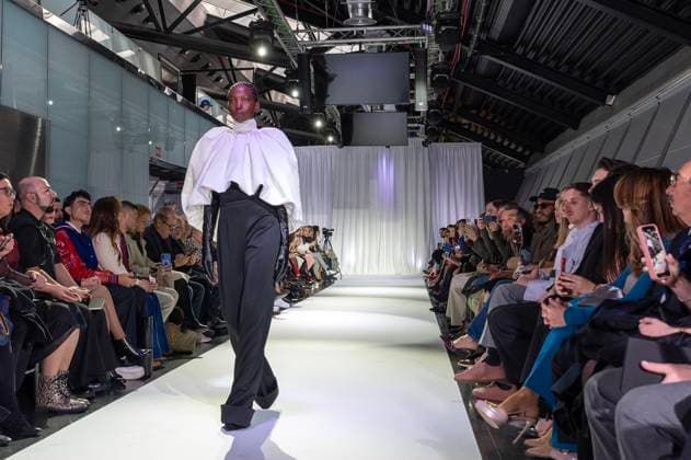 February 19, 2025, Madrid, Madrid, Spain: Model walks the runway at the RAFAEL URQUIZAR fashion show Ã¢â‚¬oeVANGUARDÃ¢â‚¬Â during the Mercedes Benz Fashion Week Madrid at Movistar Arena on February 19, 2025 in Madrid, Spain. Madrid Spain - ZUMAc312 1059031862st Copyright: xOscarxManuelxSanchezx