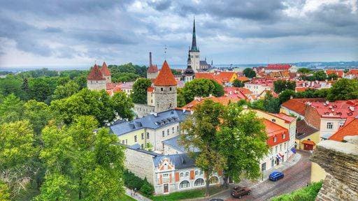Scenic view of Tallinns Old Town with medieval towers and lush greenery under a cloudy sky. 26441611 RECORD DATE NOT STATED