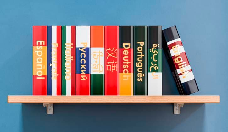 Bücherregal mit Sprachlehrbüchern oder Wörterbüchern, 3D-Rendering Bookshelf with language textbooks or dictionaries, 3D rendering on blue wall Copyright: xZoonar.com natatravelx 22927129
