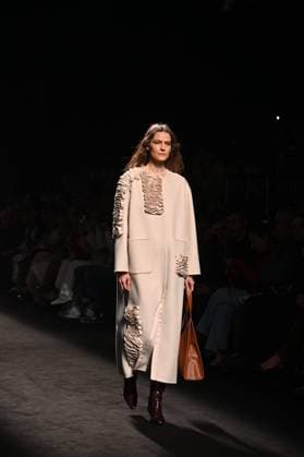 A model wears at collection runway a creation from Simorra during Pasarela Cibeles Mercedes-Benz Fashion Week Madrid 2025 in Madrid, on Friday ,21 February 2025 Cordon Press 