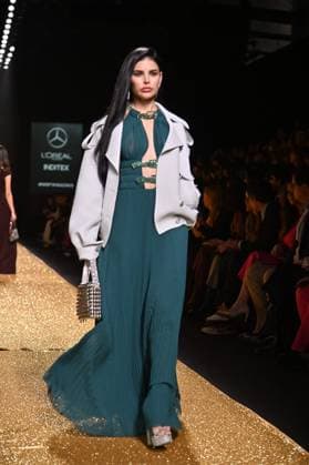 A model wears at collection runway a creation from Isabel Sanchis during Pasarela Cibeles Mercedes-Benz Fashion Week Madrid 2025 in Madrid, on Friday ,21 February 2025. Cordon Press 