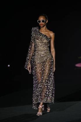 A model wears at collection runway a creation from Hannibal Laguna during Pasarela Cibeles Mercedes-Benz Fashion Week Madrid 2025 in Madrid, on Friday ,21 February 2025. Cordon Press 