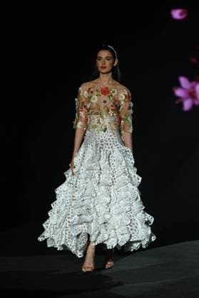 A model wears at collection runway a creation from Hannibal Laguna during Pasarela Cibeles Mercedes-Benz Fashion Week Madrid 2025 in Madrid, on Friday ,21 February 2025. Cordon Press 