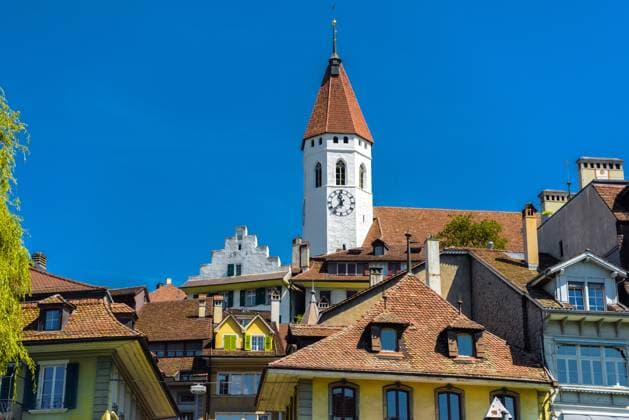 Church in Thun, Thunersee Bern Switzerland. , 50954256.jpg, europe, travel, church, nature, village, landscape, tourism, switzerland, alps, scenery, vacation, swiss, valley, architecture, alpine, blue, snow, mountains, town, scenic, traditional, view, tower, mountain, house, landmark, destination, canton, summer, city, countryside, beautiful, green, spring, glacier, river, historic, thun, lake, peak, building, ice, mountain range, outdoor, sky, water, old town, bern, attraction, sunny RECORD DATE NOT STATED