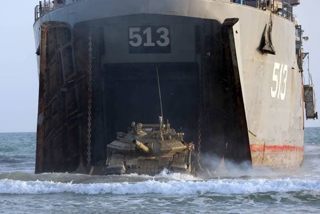 February 23, 2025, Konarak, Sistan And Baluchestan, Iran: The amphibious operation, along with beaching and coastal defense activities, conduct by Navy rangers with the assistance of a Navy frigate and the armored units of the Islamic Republic of Iran Army s Ground Forces in the third maritime zone of Konarak in the Persian Gulf. An amphibious operation refers to a coordinated attack from the sea, performed by naval and land forces deploying from ships, aimed at striking the enemy s shoreline and culminating in troops landing on those shores. Konarak Iran - ZUMAi98_ 20250223_zih_i98_048 Copyright: xIranianxArmyxOfficex