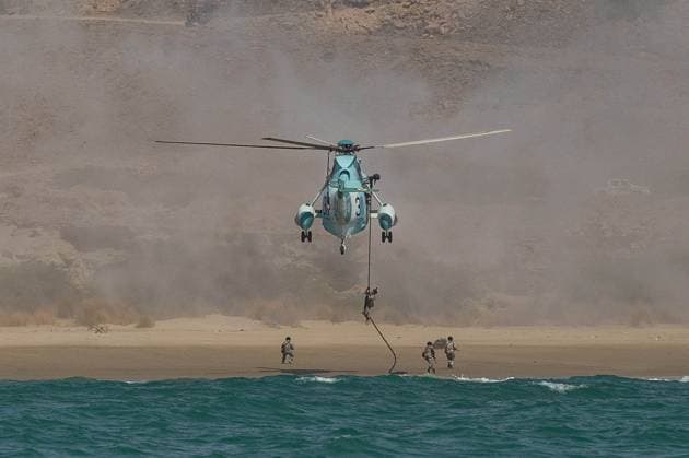 February 23, 2025, Konarak, Sistan And Baluchestan, Iran: The amphibious operation, along with beaching and coastal defense activities, conduct by Navy rangers with the assistance of a Navy frigate and the armored units of the Islamic Republic of Iran Army s Ground Forces in the third maritime zone of Konarak in the Persian Gulf. An amphibious operation refers to a coordinated attack from the sea, performed by naval and land forces deploying from ships, aimed at striking the enemy s shoreline and culminating in troops landing on those shores. Konarak Iran - ZUMAi98_ 20250223_zih_i98_094 Copyright: xIranianxArmyxOfficex