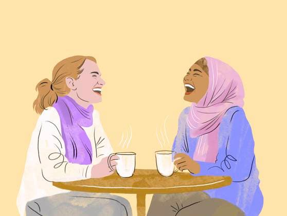 Creative Highlights Symbolfotos Illustration of two women laughing and talking over coffee at a cafe, IAUF00254