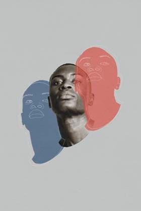 Creative Highlights Symbolfotos Contemporary collage exploring themes of identity and self-perception with overlapping illustrated face silhouettes model released, Symbolfoto property released, JMHMF00420