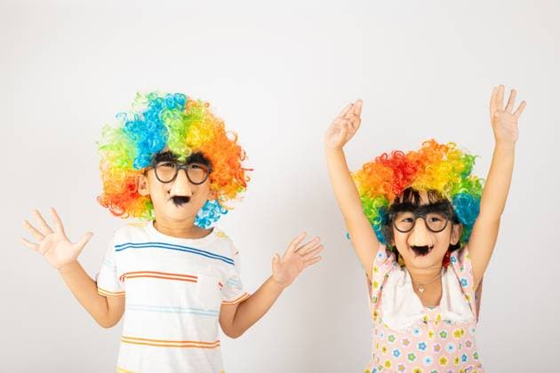 April Fool s Day. Two brothers funny kid little girl clown wears curly wig colorful big nos and glasses and has mustache playing fool isolated on white background copy space, Happy child festive decor, model released, , 51101148.jpg, kid, clown, happy, funny, nose, home, background, party, child, spring, concept, wall, smile, face, celebration, portrait, game, holiday, carnival, person, colorful, fun, bow, costume, surprise, wig, april, fool, playing, playful, cheerful, birthday, happiness, childhood, cute, thailand, asian, white, isolated, unusual, one, multicolor, play, fools, family, boy, brother, sister, day, girl RECORD DATE NOT STATED