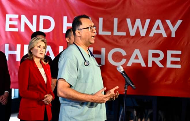 February 24, 2025, Ottawa, On, Canada: Ontario Liberal Leader Bonnie Crombie listens to Dr. Alykhan Abdulla, an Ottawa family physician, during a campaign event in Ottawa, on Monday, Feb. 24, 2025. Ottawa Canada  - ZUMAc35_ 20250224_zaf_c35_041 Copyright: xJustinxTangx