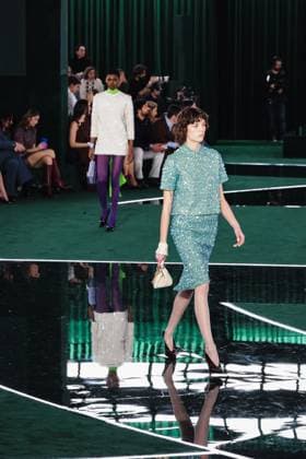 MFW - Gucci Runway Model walks for Gucci show during Milan Fashion Week in Milan, Italy on February 25, 2025. Photo by Alessandro Bremec IPA ABACAPRESS.COM Milan Italy  Copyright: xIPA ABACAx