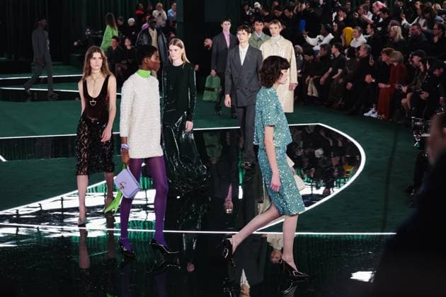 Milan, Italy: Milan, Milan Women s Fashion Week: Fall Winter 2025 - Women s Fashion, Fall Winter 2025 - Gucci Fashion Show - Catwalk. In the photo: Model- Women s Fashion, Fall Winter 2025 - Gucci Fashion Show - Catwalk. In the photo: Model Milan Italy  - ZUMAp169 20250225_zea_p169_586 Copyright: xAlessandroxBremecx