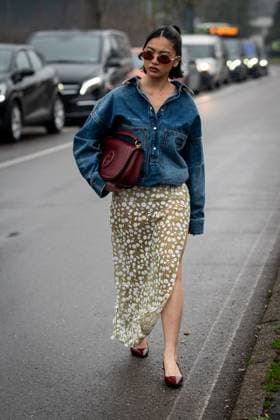 Street Style at Milan Fashion Week 2025 - Gucci in Milan, Italy on 25 February 2025 Street Style: Steph Hui wears a bordeaux Gucci leather bag, a yellow lace see-through flower midi skirt, Gucci sunglasses and a Gucci denim shirt outside of the Gucci fashion show during the Milan Fashion Week Womenswear Fall Winter 2025 2026 in Milan, Italy on 25 February 2025., Credit:Stefano Costantino TTL Avalon Milan, Italy  Copyright: xStefanoxCostantinoxTTLx xAvalonx 0968952950
