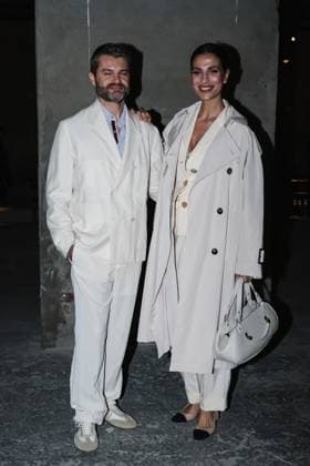 Milan, Milan Women s Fashion Week: Fall Winter 2025 - Women s Fashion, Fall Winter 2025 - Antonio Marras Fashion Show - Front Row Guests. In the photo: Enrico Bartolini (Chef and entrepreneur) Roberta Morise (Showgirl)  Copyright: xAlessandroxBremecx xipa-agency.netx xx IPA_Agency_IPA54627057