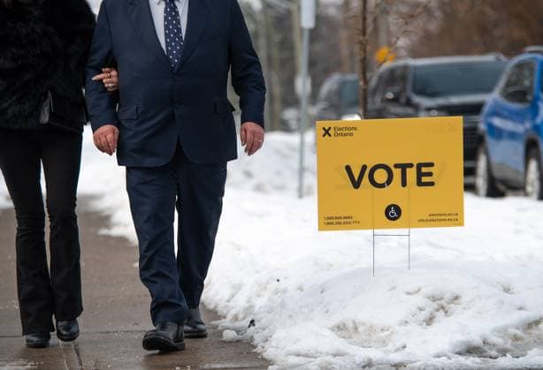 February 27, 2025, Etobicoke, On, Canada: Progressive Conservative Doug Ford and his wife Karla Ford arrive to cast their votes in the Ontario provincial election, at Westmount Junior School in Etobicoke, Ont., on Thursday, Feb. 27, 2025. Etobicoke Canada  - ZUMAc35_ 20250227_zaf_c35_008 Copyright: xLauraxProctorx