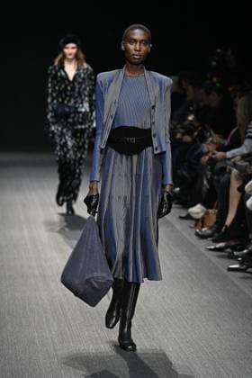 Milan, Milan Women s Fashion Week: Fall Winter 2025 - Emporio Armani Fashion Show - model Milan, Milan Women s Fashion Week: Fall Winter 2025 - Women s Fashion, Fall Winter 2025.- Emporio Armani fashion show - guests in the photo: model MILAN Italy  Copyright: xIPA ABACAx
