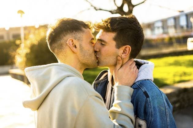 Romantisches schwules Paar küsst sich zärtlich in einem Park, eingehüllt in das warme Licht eines atemberaubenden Sonnenuntergangs, um ihre Liebe zu feiern Romantic gay couple sharing a tender kiss in a park, enveloped in the warm glow of a breathtaking sunset, celebrating their love Copyright: imageBROKER UnaixHuizi ibxuhu12770826.jpg ,model released, Symbolfoto ,property released