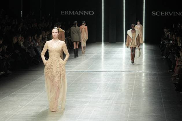 Milan, Milan Women s Fashion Week: Fall Winter 2025 26 - Ermanno Scervino Fashion Show - Fashion Show Milan, Milan Women s Fashion Week: Fall Winter 2025 26 - Women s Fashion, Fall Winter 2025 26 - Ermanno Scervino fashion show - fashion show in the photo: Model MILAN Italy  Copyright: xIPA ABACAx