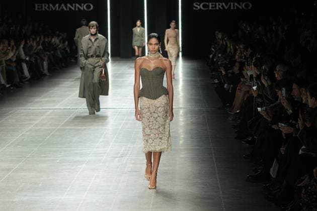 Milan, Italy: Milan, Milan Women s Fashion Week: Fall Winter 2025 26 - Women s Fashion, Fall Winter 2025 26 - Ermanno Scervino fashion show - fashion show in the photo: Model Milan Italy  - ZUMAp169 20250301_zea_p169_234 Copyright: xRiccardoxGIordanox