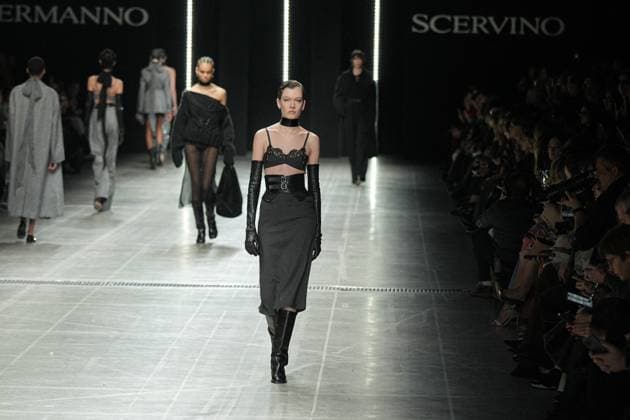Milan, Milan Women s Fashion Week: Fall Winter 2025 26 - Ermanno Scervino Fashion Show - Fashion Show Milan, Milan Women s Fashion Week: Fall Winter 2025 26 - Women s Fashion, Fall Winter 2025 26 - Ermanno Scervino fashion show - fashion show in the photo: Model MILAN Italy  Copyright: xIPA ABACAx