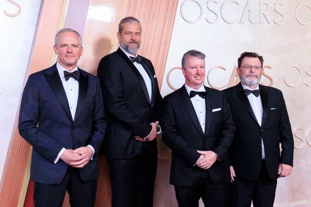 March 2, 2025, Hollywood, California, USA: (L-R) Erik Winquist, Stephen Unterfranz, Paul Story and Rodney Burke on the red carpet of the 97th Annual Academy Awards on Sunday March 2, 2025 at the Dolby Theater in Hollywood, California. BURT HARRIS BNS PI Hollywood USA - ZUMAp124 20250302_zaa_p124_065 Copyright: xBurtxHarrisx
