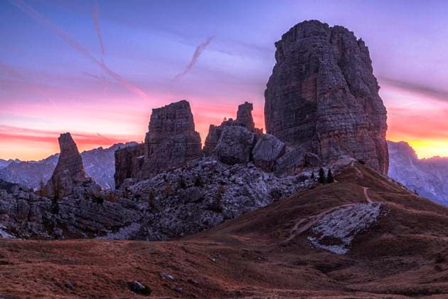 Sunrise over Cinque Torri mountains at fall, Dolomites Cortina d Ampezzo, Veneto, Italy CR_ROMO250228-1670644-01