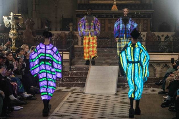 PFW - Anrealage Runway - Paris AJ Models present creations by Anrealage for the Womenswear Ready-to-wear Fall-Winter 2025 2026 collection as part of the Paris Fashion Week, at the American Cathedral in Paris, France on March 4, 2025. Photo by Alexis Jumeau ABACAPRESS.COM Paris France  Copyright: xJumeauxAlexis ABACAx
