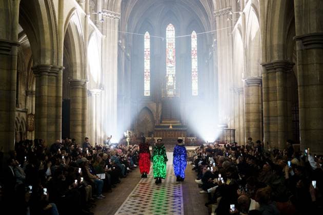 PFW - Anrealage Runway - Paris AJ Models present creations by Anrealage for the Womenswear Ready-to-wear Fall-Winter 2025 2026 collection as part of the Paris Fashion Week, at the American Cathedral in Paris, France on March 4, 2025. Photo by Alexis Jumeau ABACAPRESS.COM Paris France  Copyright: xJumeauxAlexis ABACAx