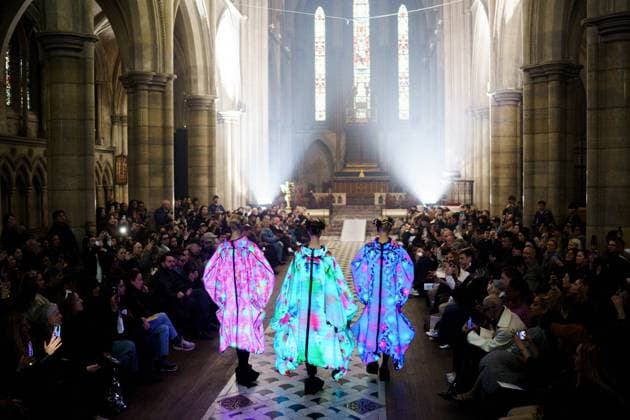 PFW - Anrealage Runway - Paris AJ Models present creations by Anrealage for the Womenswear Ready-to-wear Fall-Winter 2025 2026 collection as part of the Paris Fashion Week, at the American Cathedral in Paris, France on March 4, 2025. Photo by Alexis Jumeau ABACAPRESS.COM Paris France  Copyright: xJumeauxAlexis ABACAx