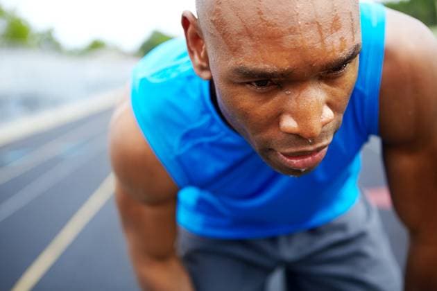 Creative Highlights Symbolfotos Thinking, sweating and runner with black man in stadium for training, reflection and athlete. Tired, race fail and sports with person in arena for marathon practice, competition loss and exercise. model released property released Copyright: xx