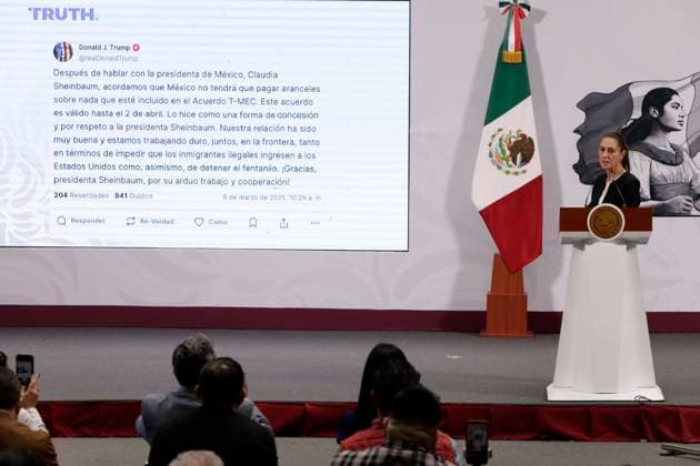 Mexico™s President, Claudia Sheinbaum Holds Briefing Conference Mexican President Claudia Sheinbaum Pardo announced that the 25 percent tariffs imposed by U.S. President, Donald Trump, on Mexican products will be postponed until April 2, during a briefing conference at National Palace. on March 6, 2025 in Mexico City, Mexico. (Photo by Luis Barron Eyepix Group) Copyright: xLuisxBarron xEyepixxGroupx LB_06032025_145879