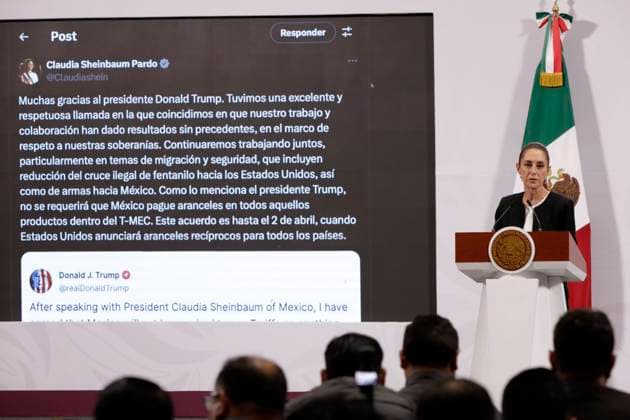 Mexico™s President, Claudia Sheinbaum Holds Briefing Conference Mexican President Claudia Sheinbaum Pardo announced that the 25 percent tariffs imposed by U.S. President, Donald Trump, on Mexican products will be postponed until April 2, during a briefing conference at National Palace. on March 6, 2025 in Mexico City, Mexico. (Photo by Luis Barron Eyepix Group) Copyright: xLuisxBarron xEyepixxGroupx LB_06032025_145881