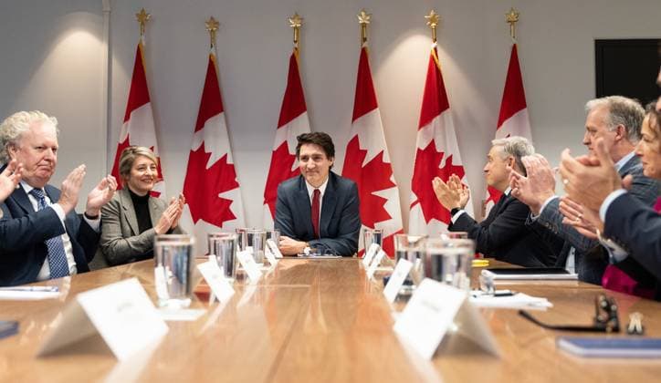 March 7, 2025, Montreal, Pq, CANADA: Prime Minister Justin Trudeau, centre, flanked by from left to right, Jean Charest, member of his council on Canada-U.S. relations, Foreign Affairs Minister Melanie Joly, Minister of Innovation, Science and Industry Francois-Philippe Champagne and Martin Caron, president of L Union des producteurs agricoles (UPA) hosts a round table with business community leaders in Montreal on Friday, March 7, 2025. Montreal CANADA  - ZUMAc35_ 20250307_zaf_c35_043 Copyright: xChristinnexMuschix